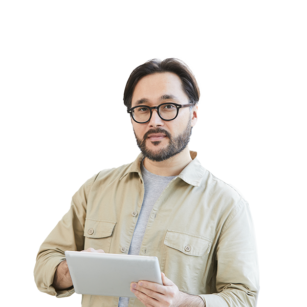 a man looking confident and working with his tablet