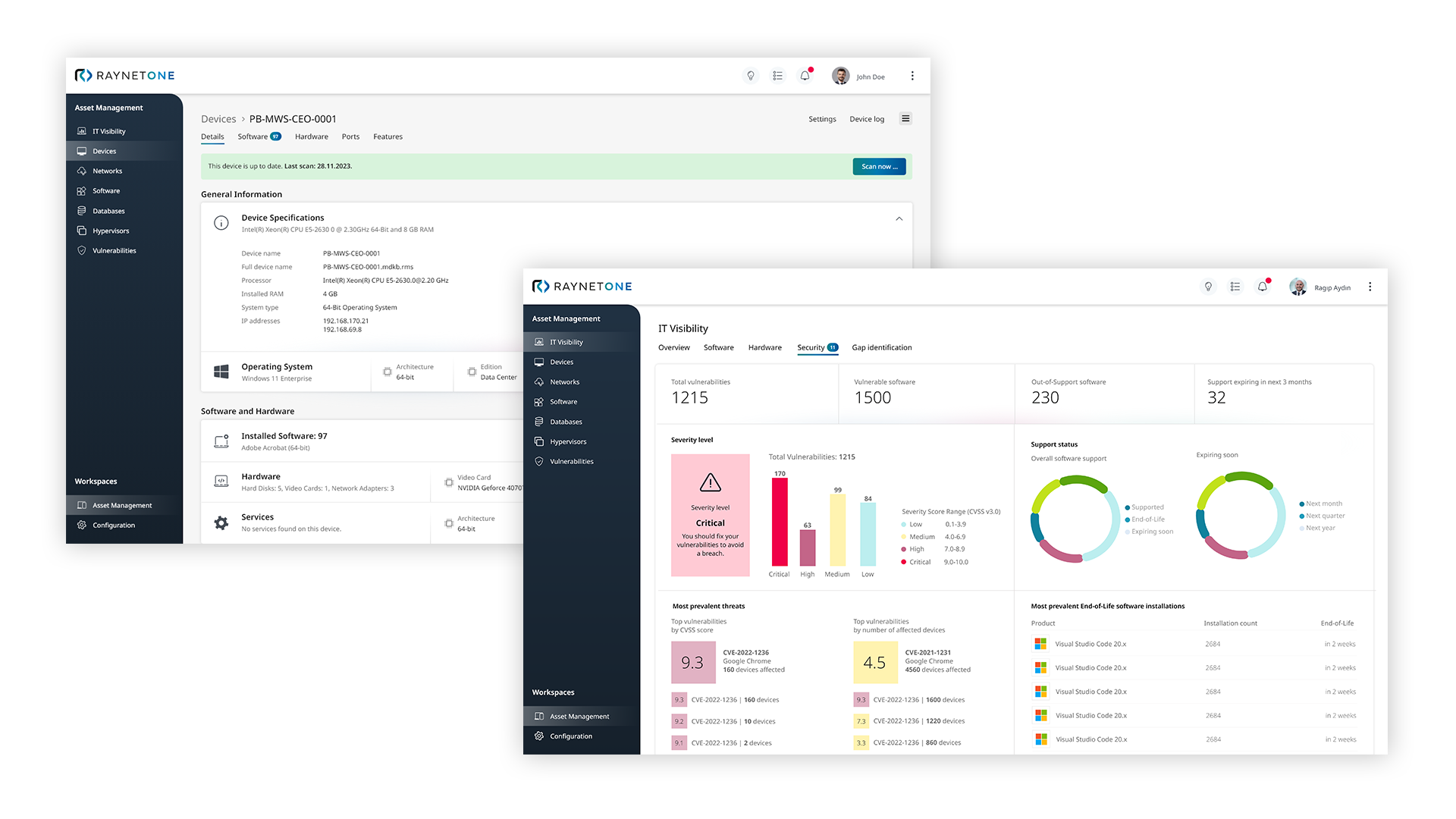 Raynet One device details and IT security overview dashboards