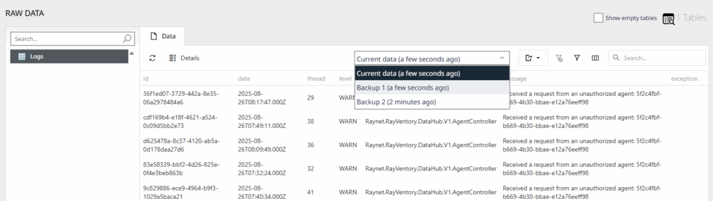 Raynet One Data Hub raw data screenshot