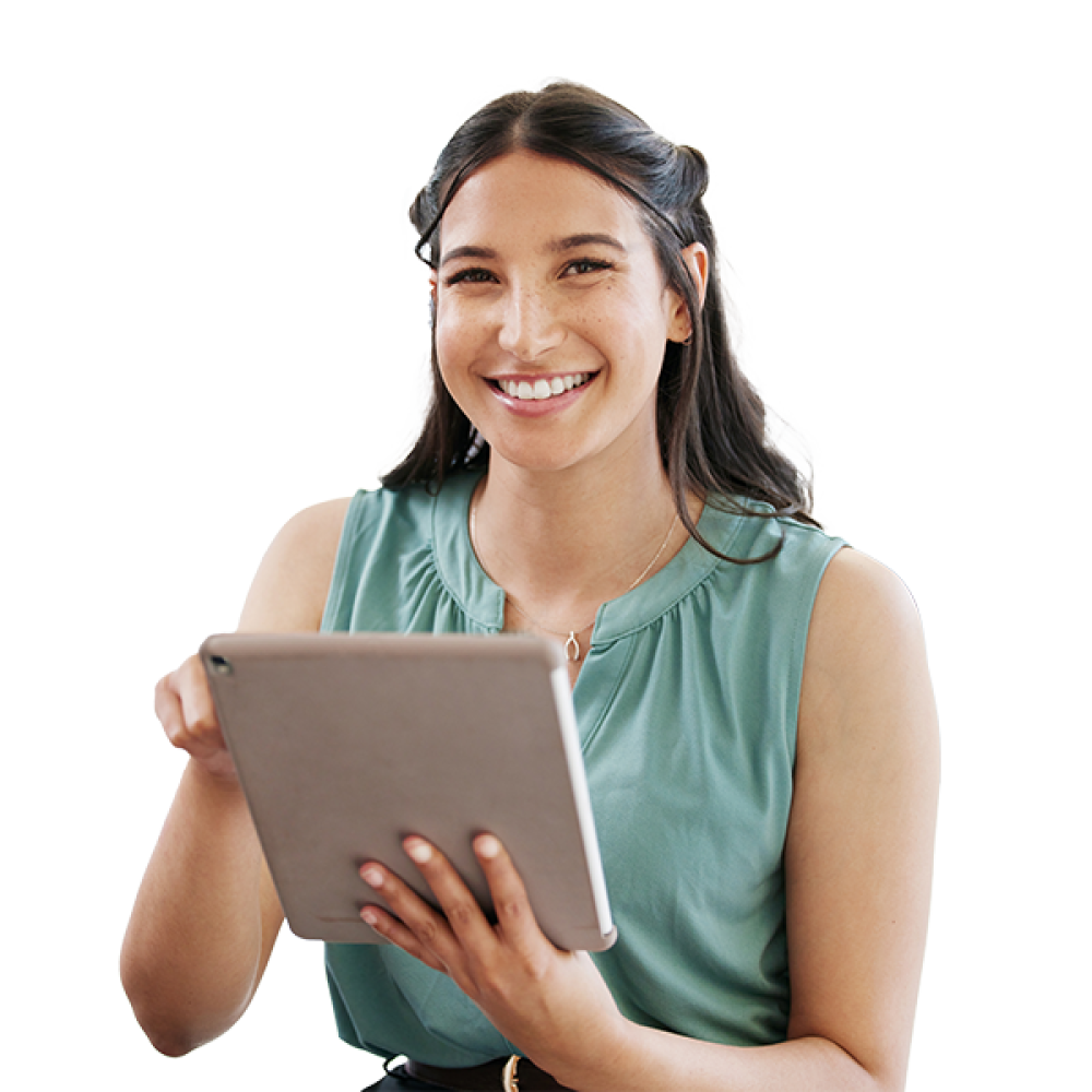 young girl smiling with her tablet