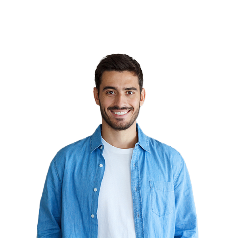 a man smiling in front of the camera