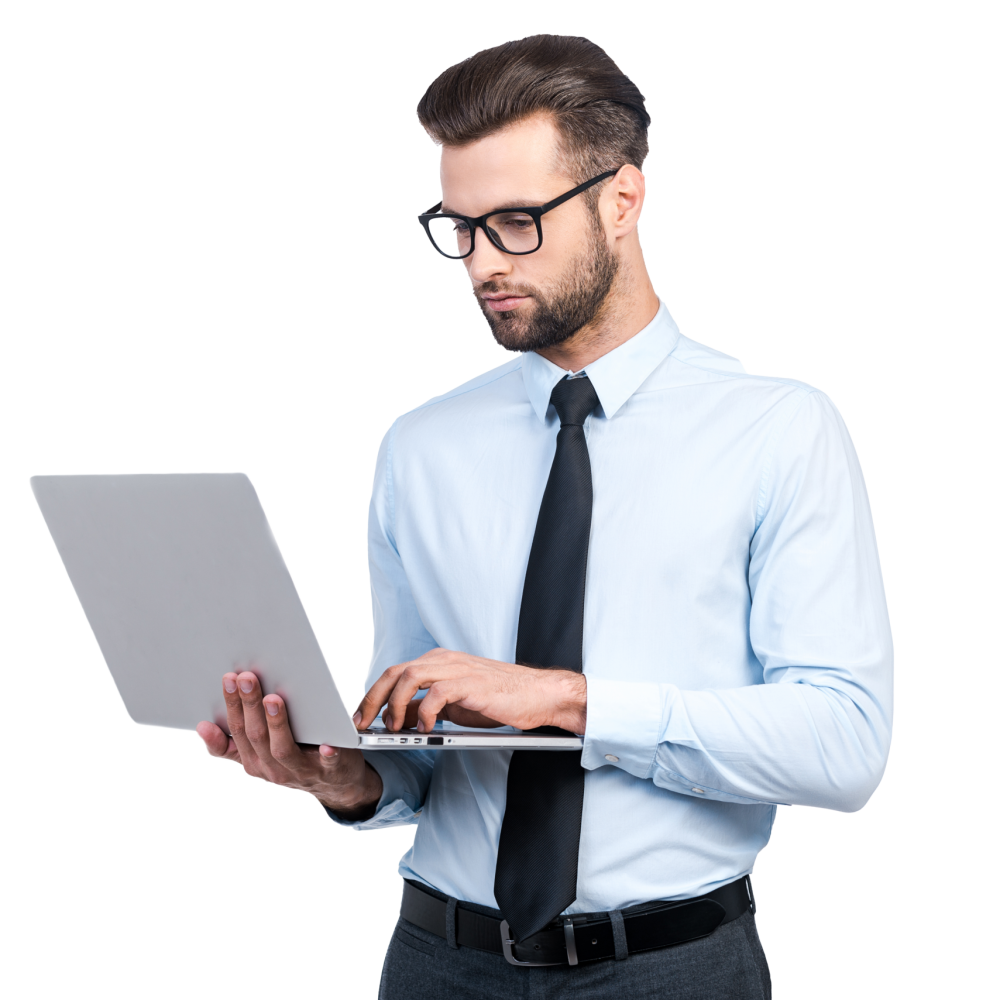 concentrated work confident young handsome man shirt tie working with his laptop while standing