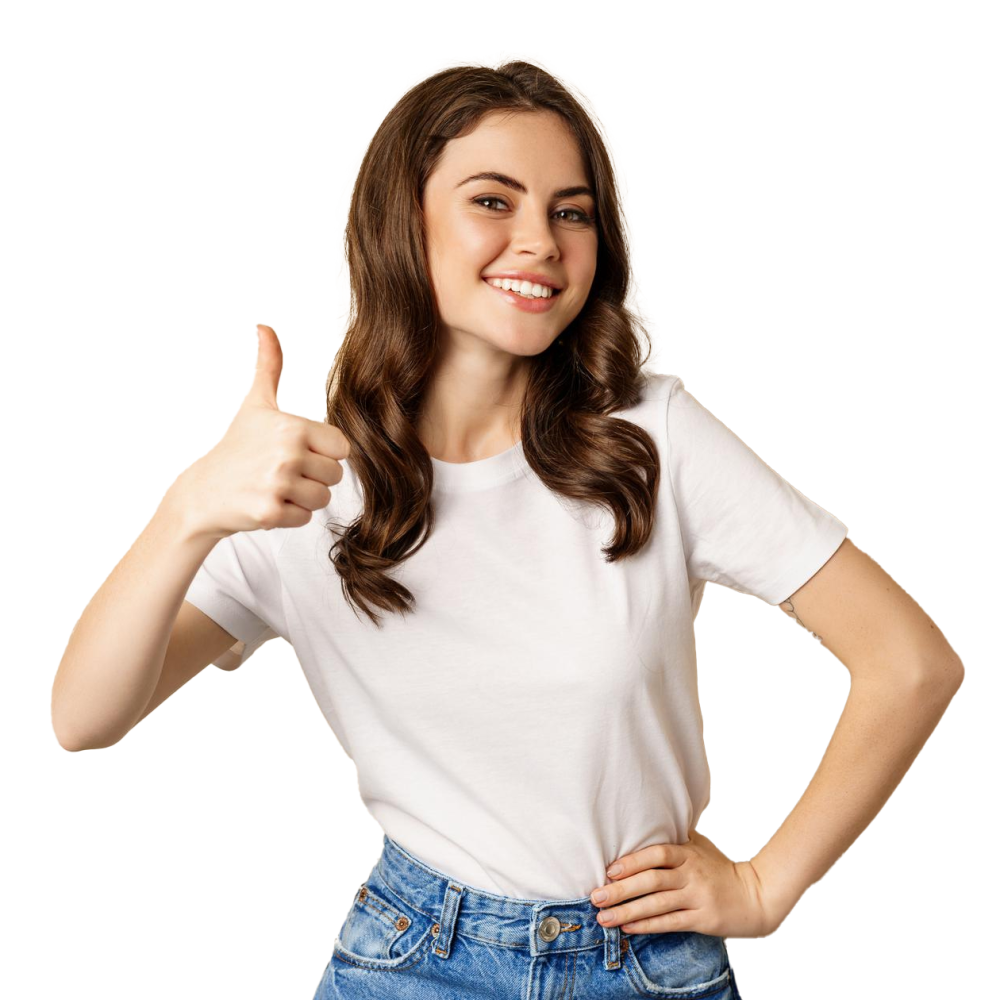 Portrait of a modern young woman showing thumbs-up, liking and agreeing, smiling contentedly, recommending a company or website, standing over a beige background
